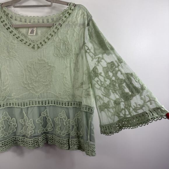 Bohemian Crochet Mesh Ultra Pink Top Large Mint Green Bell Sleeve Embroidered - Picture 3 of 13